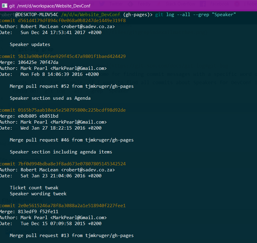 Git log grep example